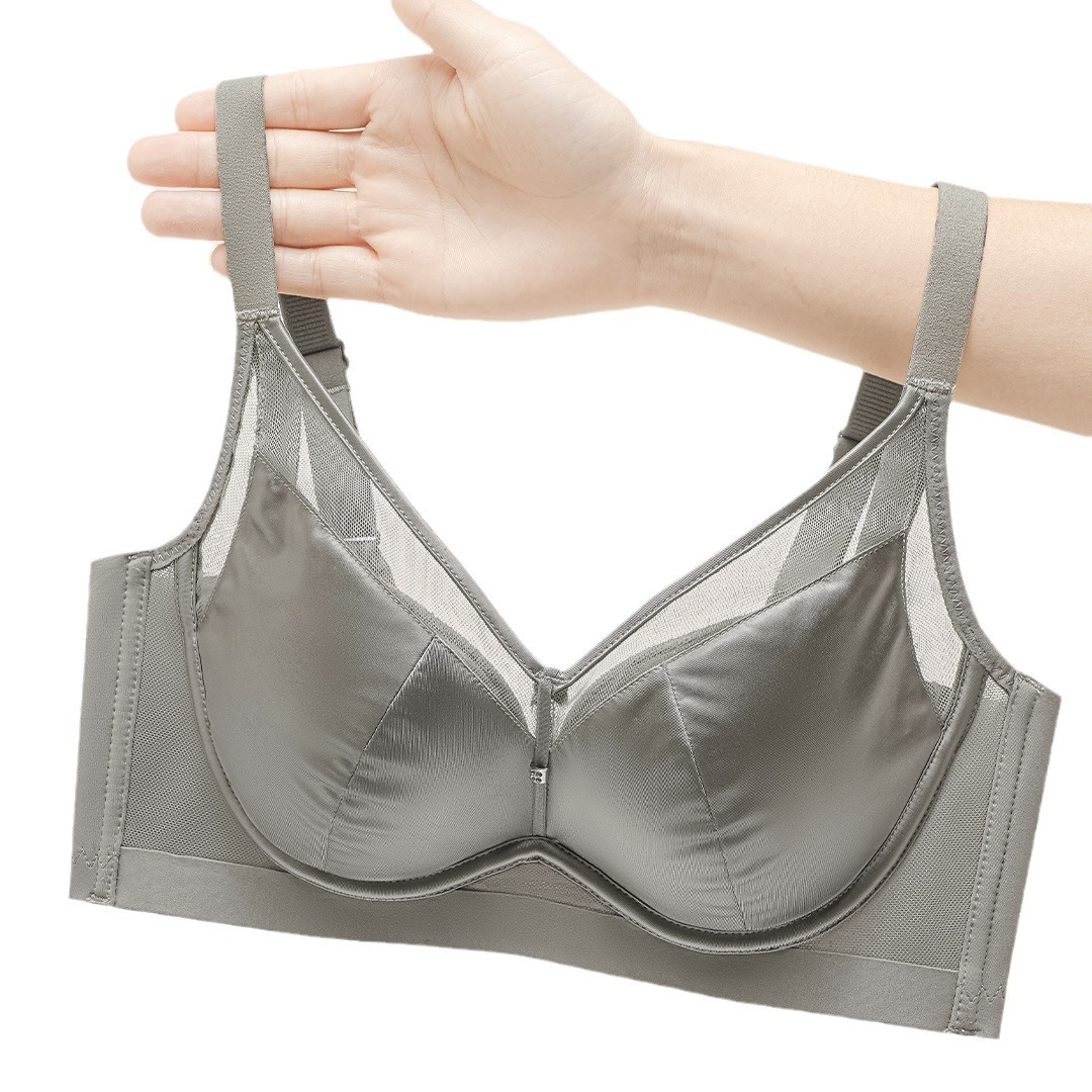 6626 Ropa interior para mujer Taza gruesa de color medio, hilo de red satinado brillante, taza de seda de morera, sujetador ajustable sin anillo de acero