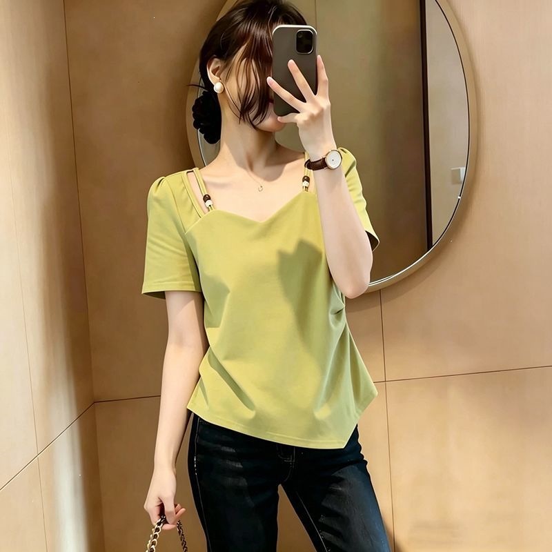 Áo thun nữ cổ vuông tay ngắn form rộng, thiết kế thắt eo che bụng cho người đầy đặn — màu đen, xanh lam, màu trắng, xanh lá cây chi tiết 1
