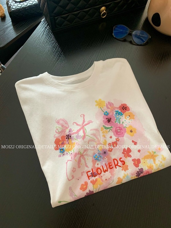 2025 夏モネガーデンヘビービーズルーズ多用途プリント Tシャツ女性の夏のラウンドネックフラワー半袖トップ|undefined