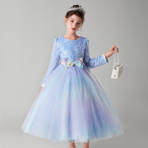 Little Girl Formal Dress with Long Sleeve and Gradient Hem, Princess Dress with Net Fabric and Full Skirt, Sweet Christmas Host Program Long Dress
