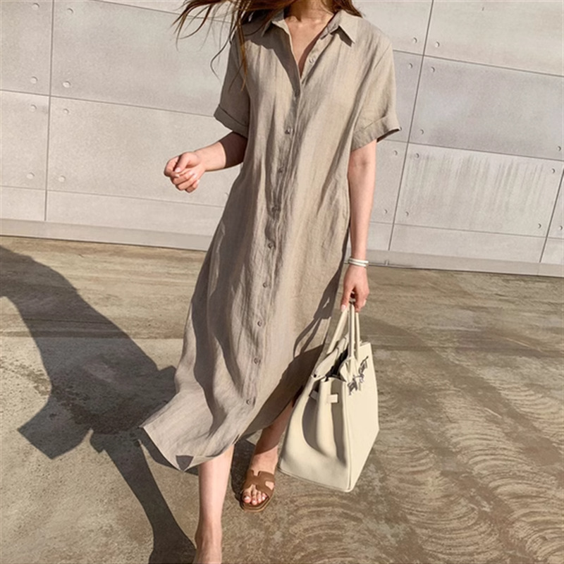 Linen Shirt Dress for Women 2026 Summer New Style Simple Loose Lace-Up Waist Single-Breasted Short-Sleeved Casual Dress