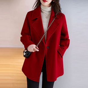 Korean style suit collar retro brand women's coat 2024 new red birth year loose woolen coat for women
