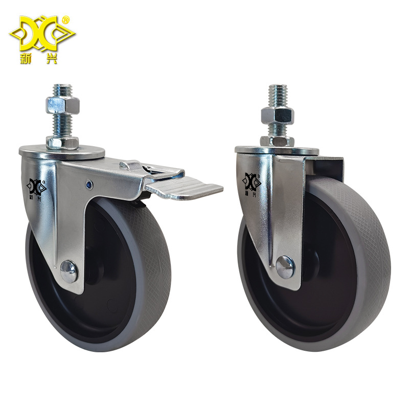 新兴脚轮3 4寸TPR镀锌丝杆动轮带刹车轻中型手推车万向轮现货批发