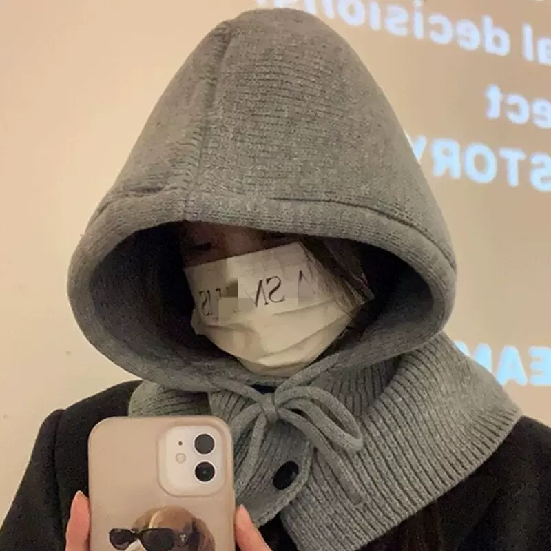 韩国假领子披肩帽秋冬季保暖帽子女款时尚围巾一体针织护耳毛线帽