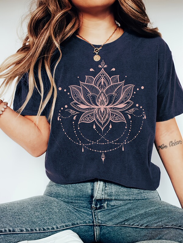 Plus Size Women's Navy Blue Casual Short Sleeve T-Shirt with Pink Mandala Print - Lightweight Summer Crew Neck Top Plus Size Women's Navy Blue Casual Short Sleeve T-Shirt with Pink Mandala Print - Lightweight Summer Crew Neck Top