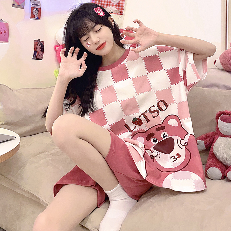 パジャマ女性の夏2025新型半袖かわいいアニメと太った大きいサイズのゆるい薄い家庭服の2セット|undefined