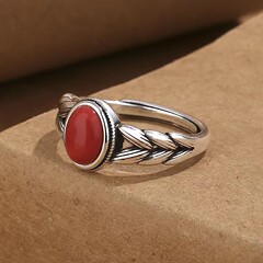 Vintage Silvered Wheat Ear Earrings with Imitation South Red Agate, Finger-Thick Silvered Wheat Earrings, Unisex Silver Ring with Wheat Design