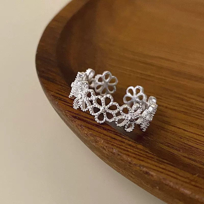 S999足银镂空花朵戒指个性简约小众时尚百搭气质开口可调节指环女