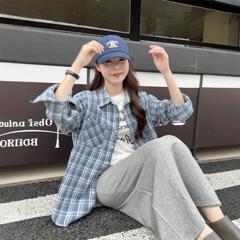 美式街头秋冬季休闲宽松设计感小众蓝色格纹长袖衬衫防晒上衣外穿