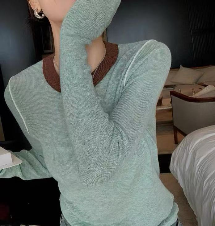辣妹撞色拼接圆领针织打底衫长袖女秋冬正肩修身显瘦内搭别致上衣|undefined
