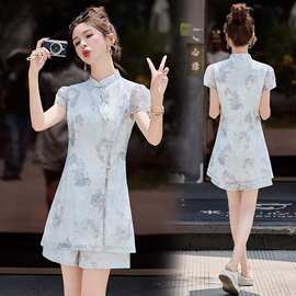 女装源头工厂02587两件套短裤套装图片色柔纱包臀裙豹纹装女简装
