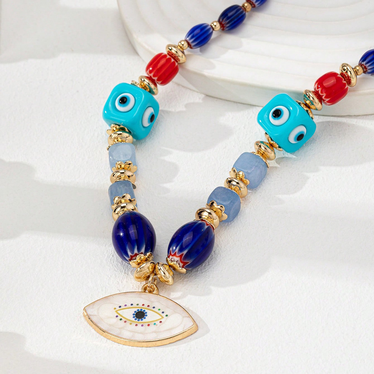 1 Piece Quantity Daily, Street Occasion IG Style Retro Devil's Eye Glass Zinc Alloy Beaded Chain Lobster Trigger Clasp Closure Beaded Necklaces Wholesale
