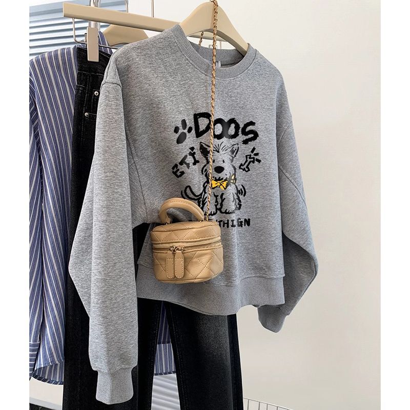 2026 New Popular Gray Puppy Pullover Crew Neck Long-Sleeve Sweatshirt for Women, Spring and Early Autumn, Petite Loose Top