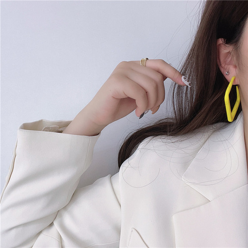Summer Hong Kong style large square frame earrings 925 silver needle C-shaped colorful hoop earrings acrylic non-pierced ear clip earrings