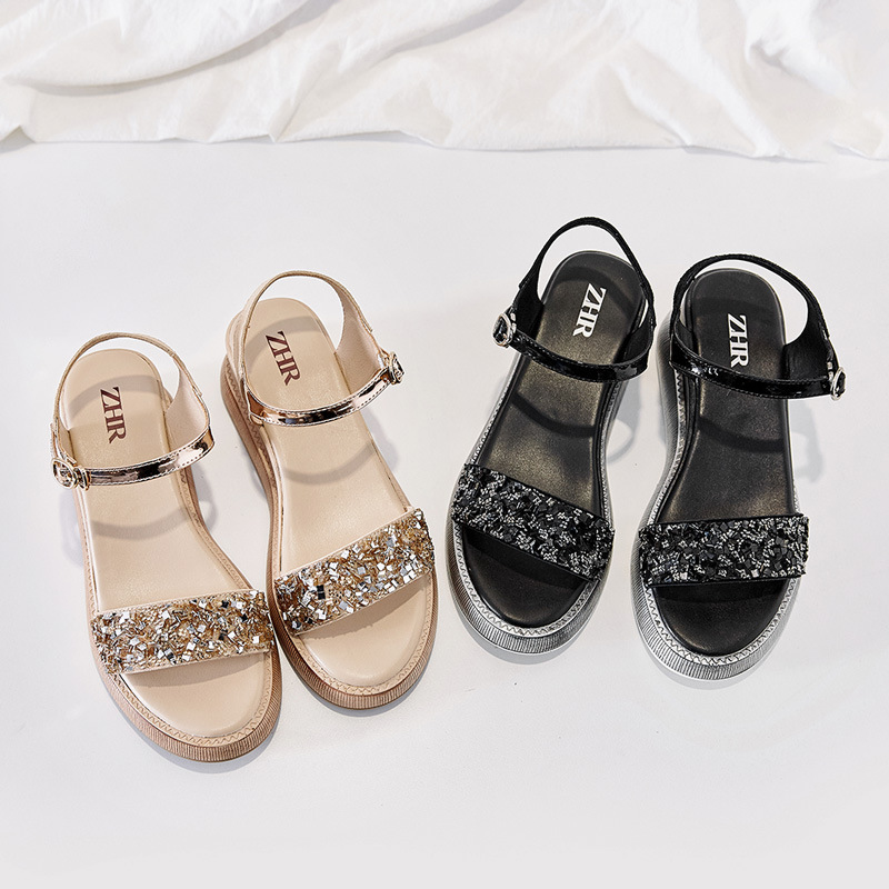 Giày sandal đế xuồng nữ đính đá thời trang — M298 màu đen