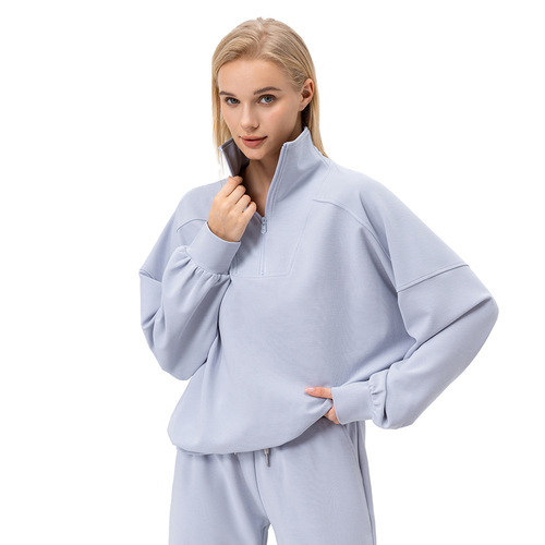 European and American-style autumn/winter women's sports hoodie with half-zip, featuring long sleeves, a relaxed fit, and perfect for outdoor activities like fitness, running, or casual wear.