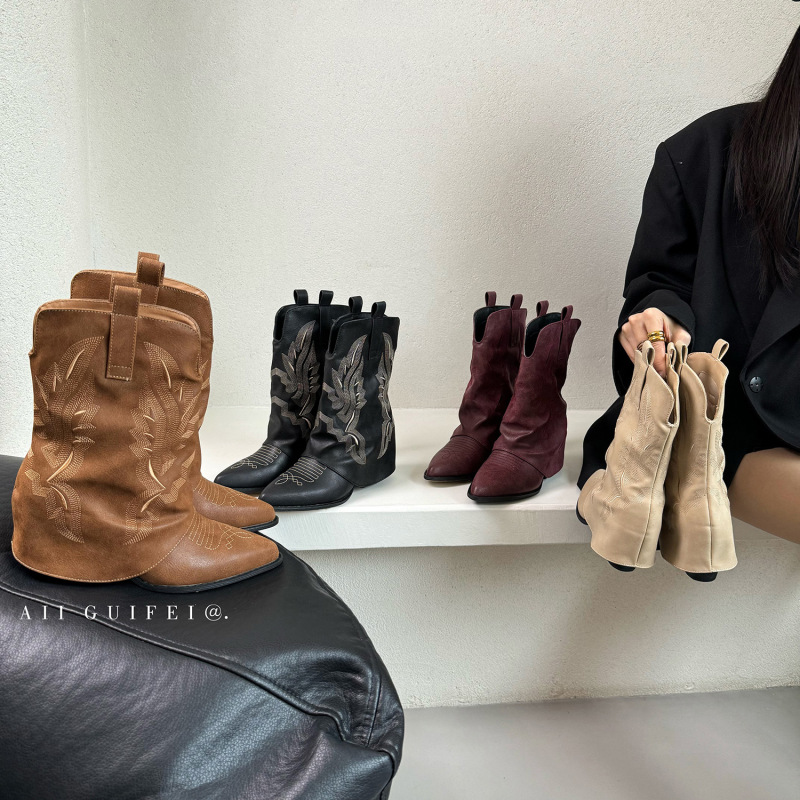 Ali guifei 复古刺绣西部牛仔靴女粗跟短靴2025秋冬季尖头裤管靴|undefined