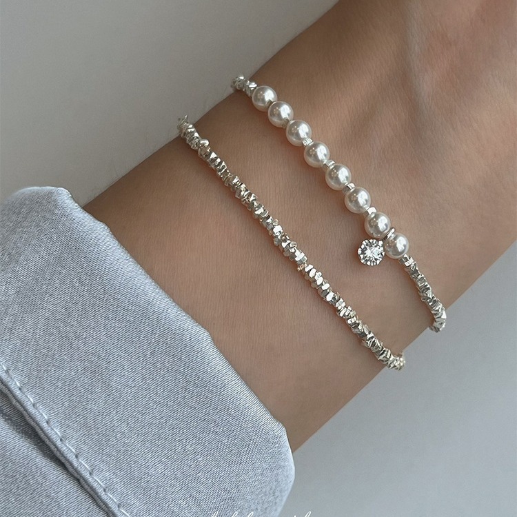 Two-Piece Set of Stacked 925 Silver Broken Silver Bracelets with Sparkling Ripples of Broken Silver Austrian Artificial Pearl Bracelets