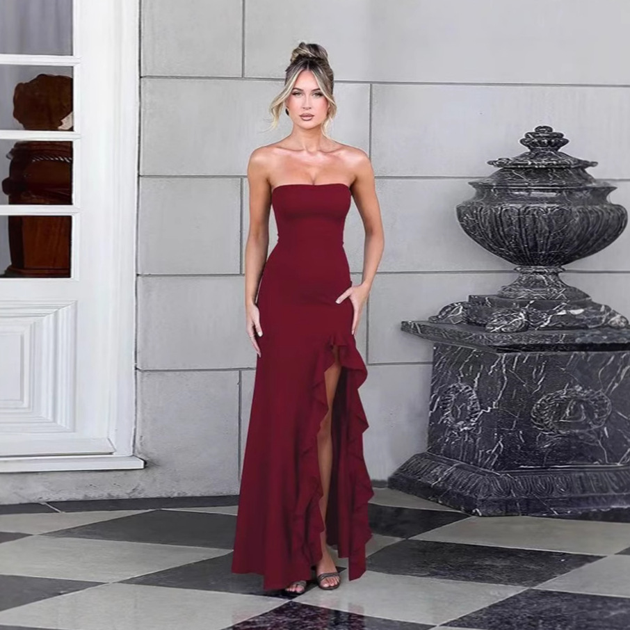 2025 European and American Style Summer New Cross-Border Strapless Ruffled Side Slit Elegant High-End Evening Dress