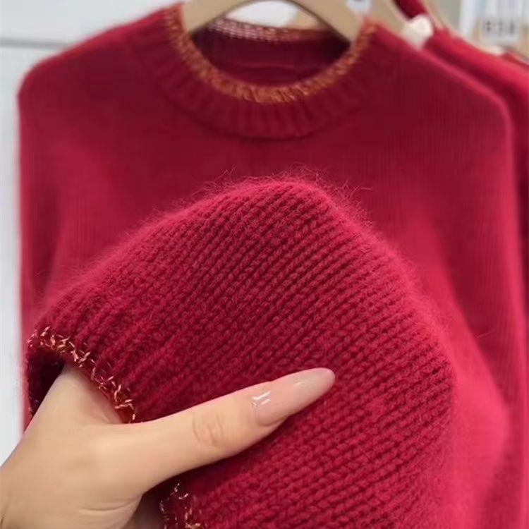 Autumn and Winter Women's Cashmere New Wool Christmas Red Loose Knit European-Style Thick Sweater Gray