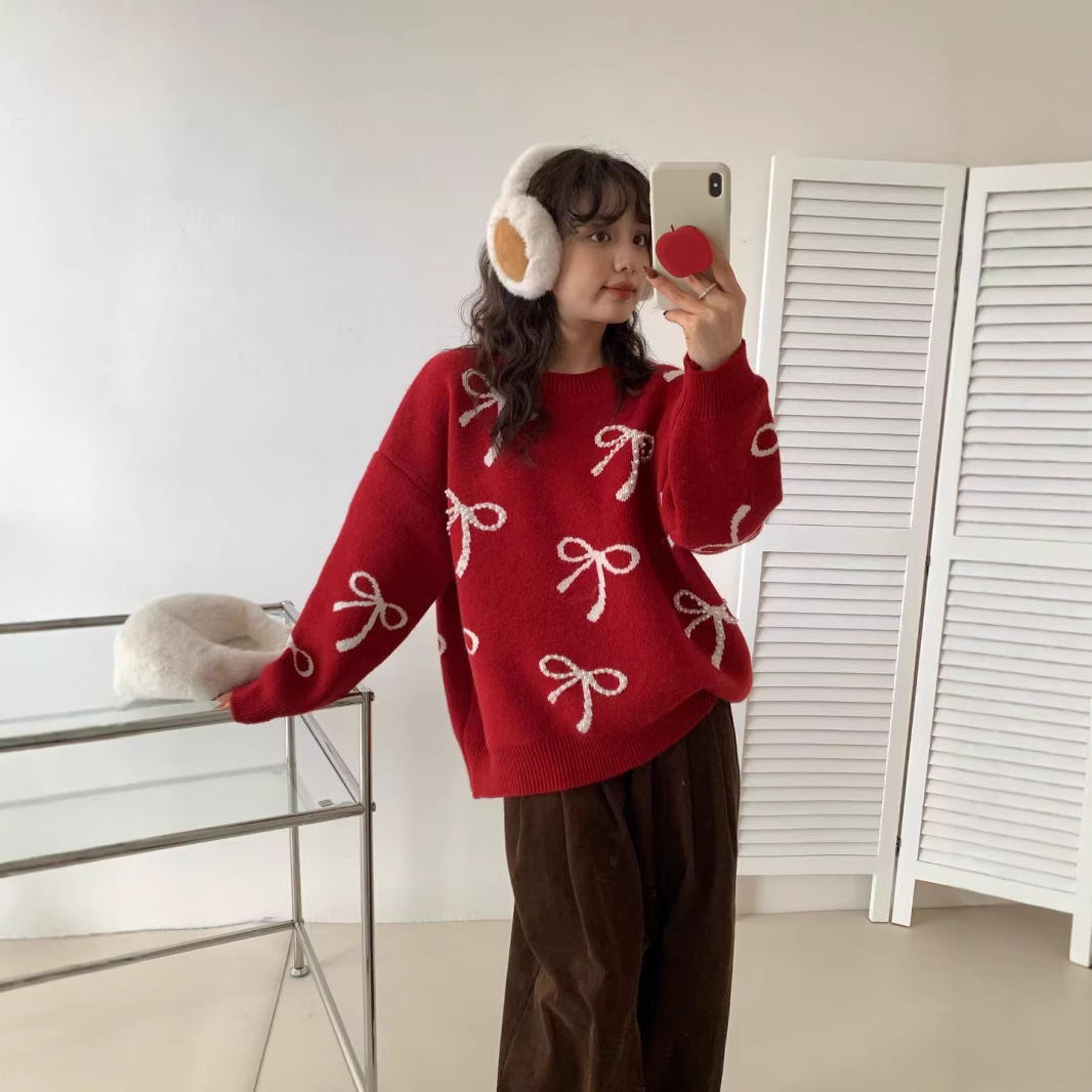 Suéter de Año Nuevo coreano para mujeres otoño y invierno nuevo viento perezoso hombre pequeño cuello redondo rojo chaqueta de punto image 3