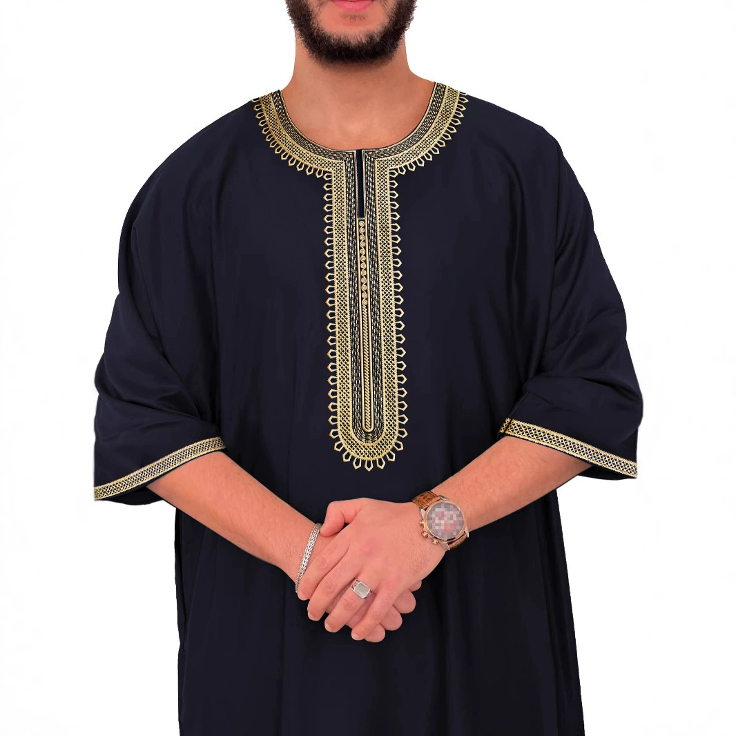 2025 новый ближневосточный трансграничный мусульманский средний рукав вышивка этнический стиль ближневосточный марокканский мужской халат боковой карман