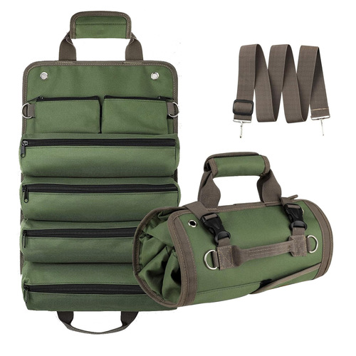 The tool kit features a retractable tool storage bag, a portable and detachable zipper bag, ideal for storing auto repair tools.