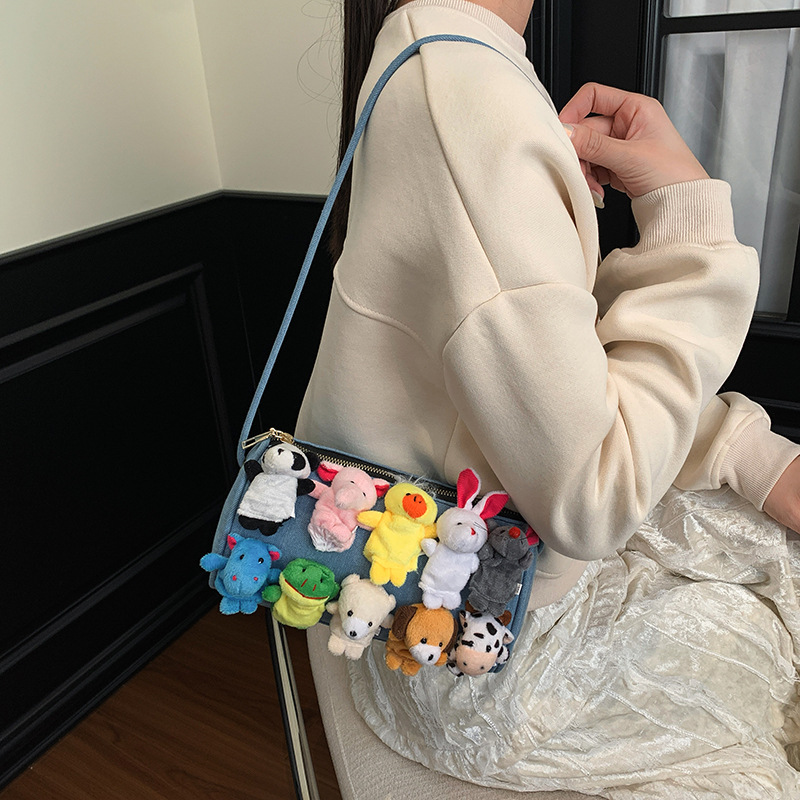 Cartoon-style cute denim plush toy bag, handbag/crossbody bag, 2026 new trendy small bag.