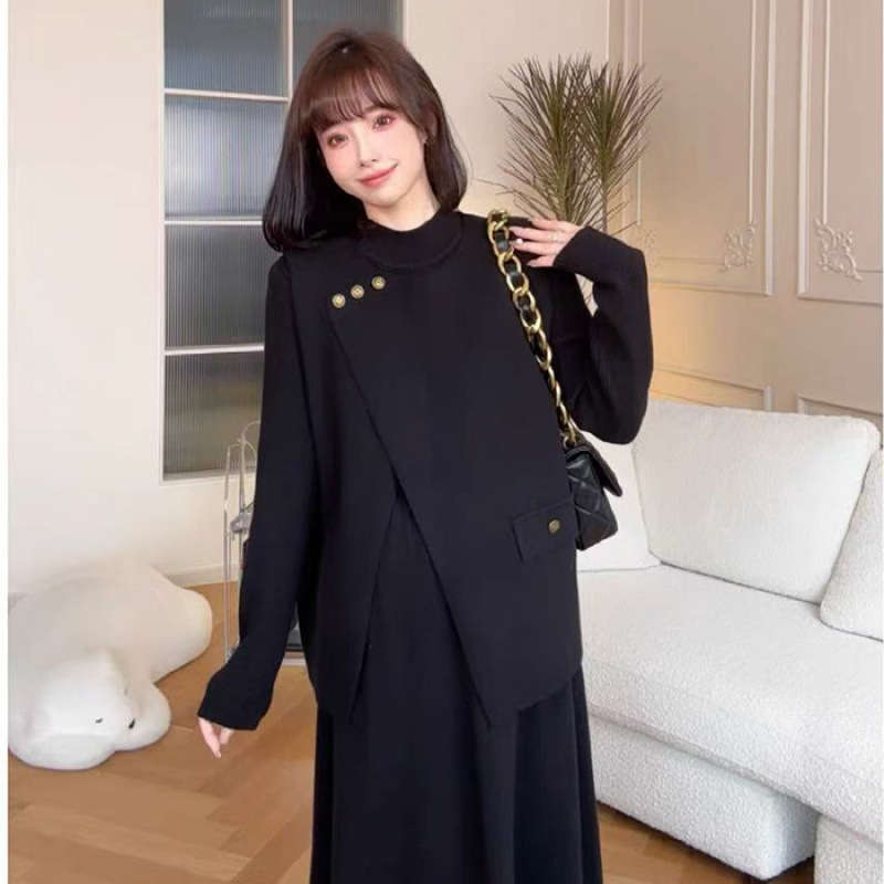 Pregnant women's clothing autumn and winter semi-high collar knitted loose does not show suit go out nursing dress vest two-piece set