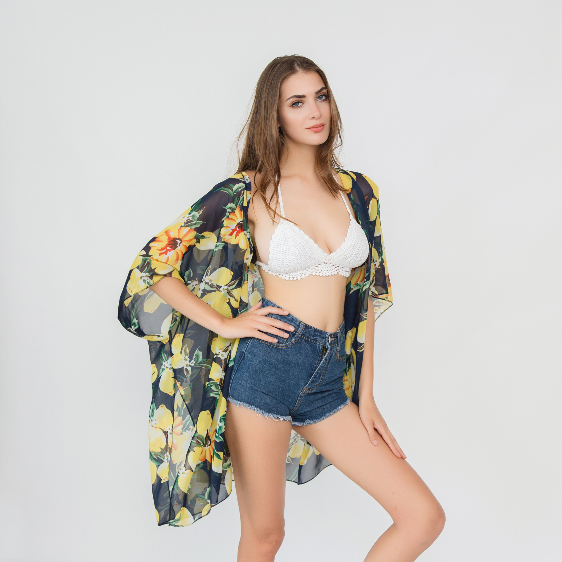 Venta caliente transfronteriza primavera y verano estilo europeo y americano corto gasa blusa de playa protección solar sombrilla kimono cardigan image 5