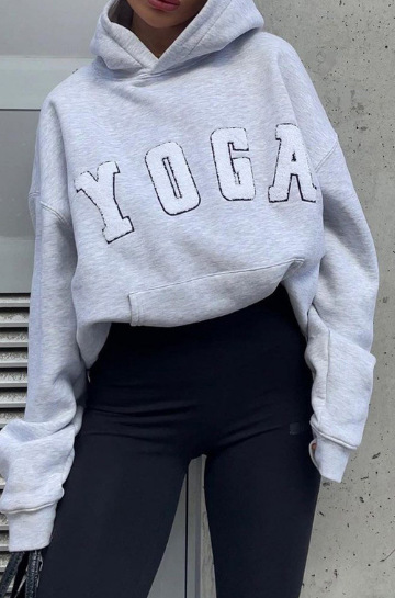 New Casual Gray Embroidered YOGA Printed Loose Hooded Women's Sweatshirt_voghion.com