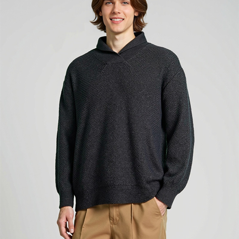 Tendencia de color sólido casual versátil suéter de solapa transfronterizo overhead casual simple hombre delgado explosión camiseta de punto