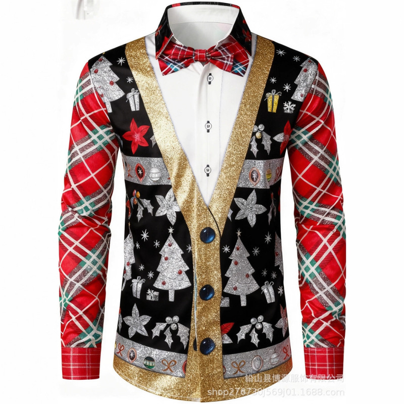 Christmas-themed men's faux-tuxedo printed formal shirt, Christmas pattern long-sleeve shirt Christmas-themed men's faux-tuxedo printed formal shirt, Christmas pattern long-sleeve shirt