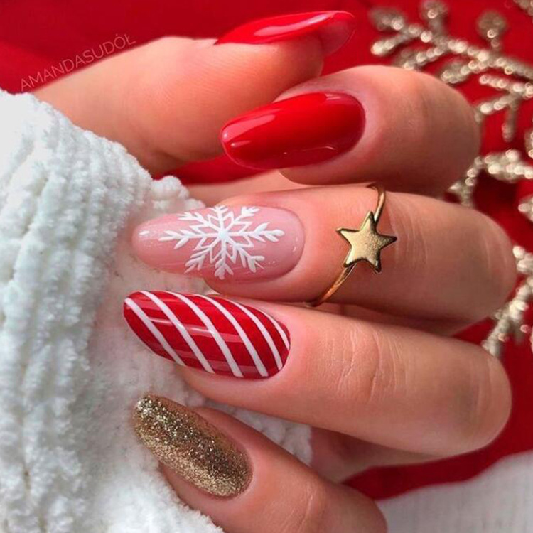 Simple Golden Flash copo de nieve de Navidad desgaste de uñas belleza pieza de uñas terminado parche de uñas falso desgaste de uñas producto terminado al por mayor