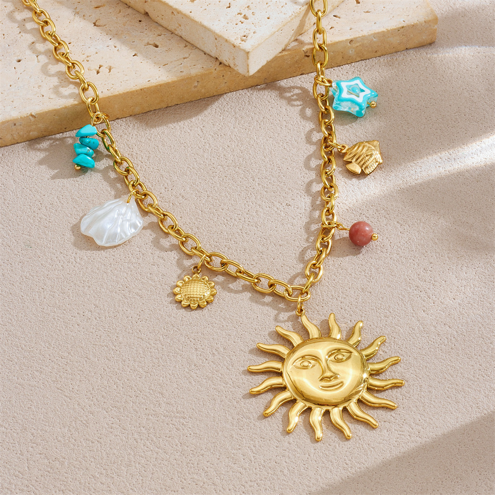 Holiday Style Sun Tropical Fish Star Sunflower charm Gold-Plated Stainless Steel Necklace