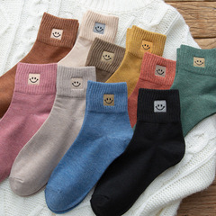 Socks Women's Spring and Autumn Cotton Socks Mid-Tube Socks Japanese Simple Socks Embroidered Smiley Face Versatile Cotton Socks Zhuji Socks Wholesale