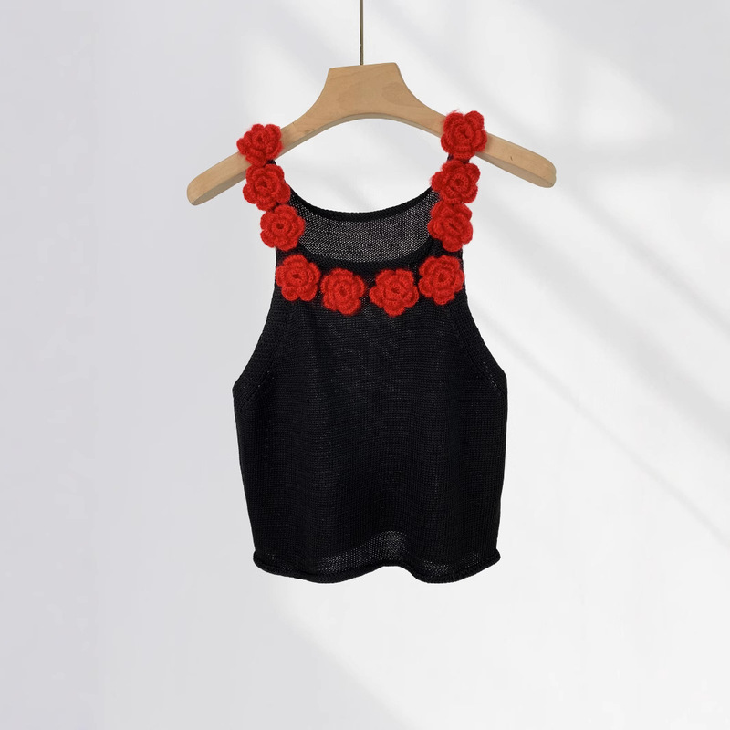 Original Design Handmade Crocheted Rose Vest Retro Hong Kong Style Three-dimensional Flower Top Sling Knit Sweater for Women