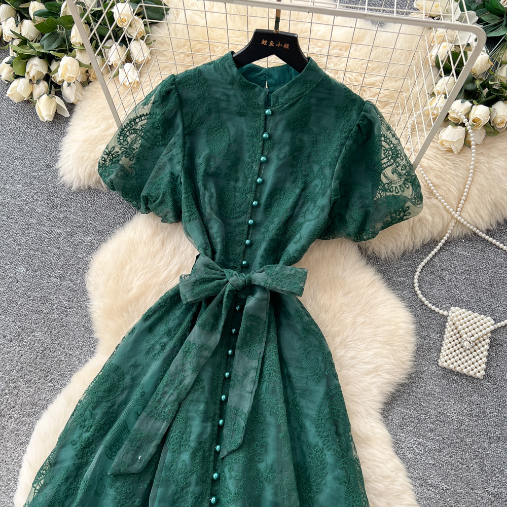 Elegant Lace Embroidered Dress for Women High-Waisted A-Line Skirt Summer Suitable for Commuting And Banquets_ecoleips.com