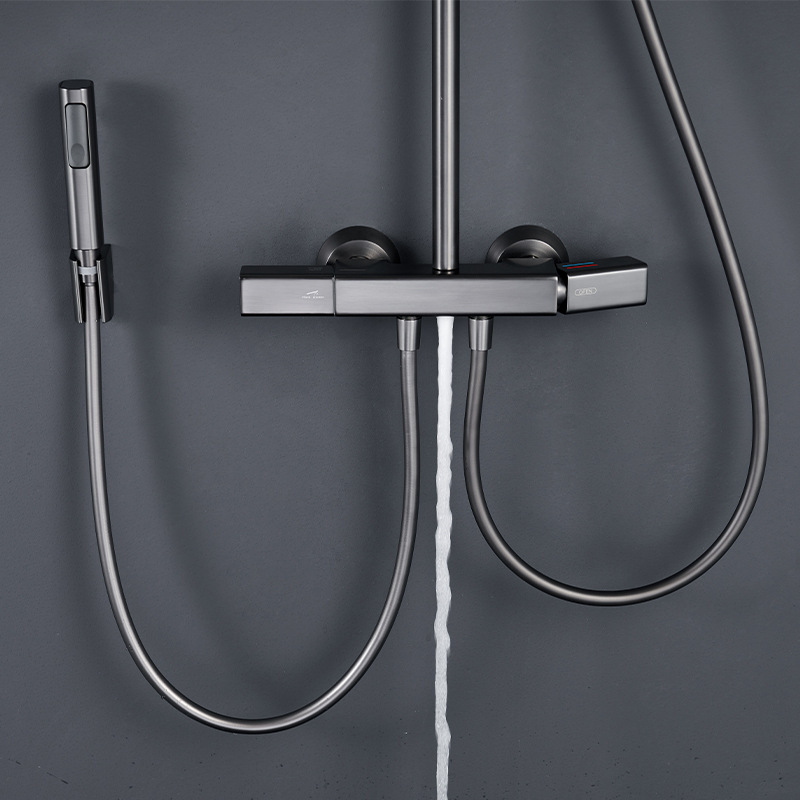 Pistola gris doble manija doble control ducha cabeza traje hogar cobre baño boquilla ducha baño grifo