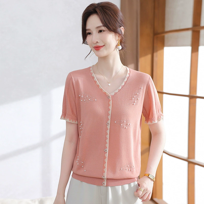 Иностранная мама летняя новая вязаная футболка с V-образным вырезом