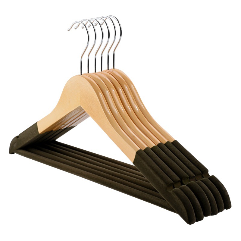 De gama alta de almacenamiento de ropa antideslizante de madera sin costura percha tienda de ropa de hotel soporte de madera maciza flocado percha de madera percha de ropa