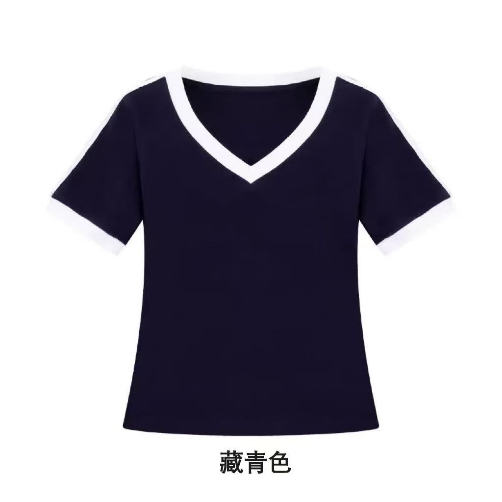特价【822#92棉8氨纶】正肩V领短袖T恤女夏季新款时尚设计感上衣i