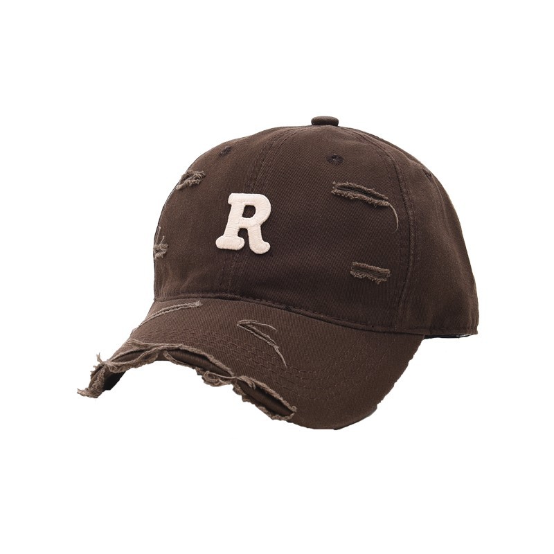Casquette de baseball lettre R pour hommes et femmes, usée avec des trous, des avant-toits incurvés, des casquettes à bec de canard pour le printemps et l'été, pare-soleil, petite_voghion.com