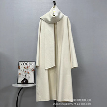 跨境欧美风双面羊毛羊绒大衣加长款带围巾浴袍时尚高级轻奢厚外套