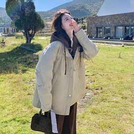 工装风连帽羽绒服女2025冬中长款卡其色加厚保暖白鸭绒外套小个子