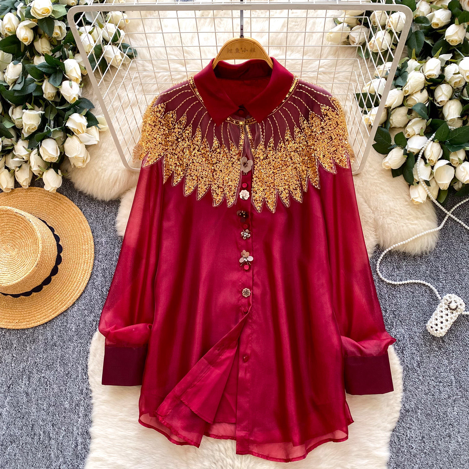 Women's Sequined Beaded Mesh Long Sleeved Shirt Loose Fitting Cardigan Elegant And Sophisticated Design for Commuting Niche_voghion.com