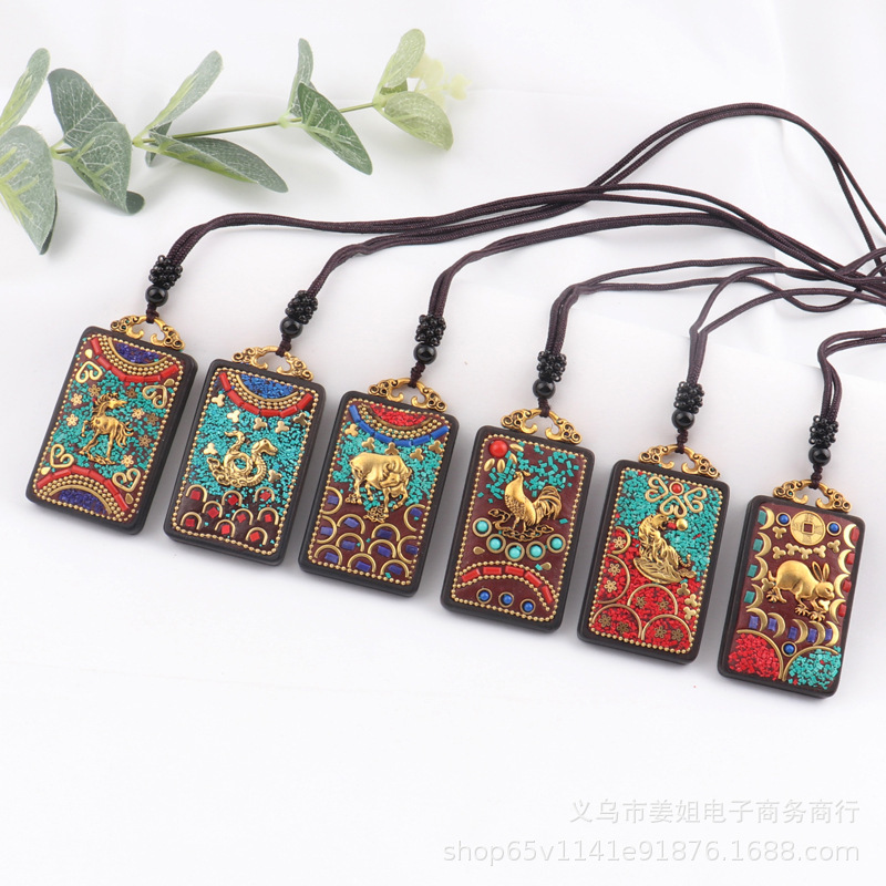 New Vintage Nepal Thangka 12 Zodiac Ebony Pendant Necklace Men's and Women's Accessories Woolen Chain Wholesale