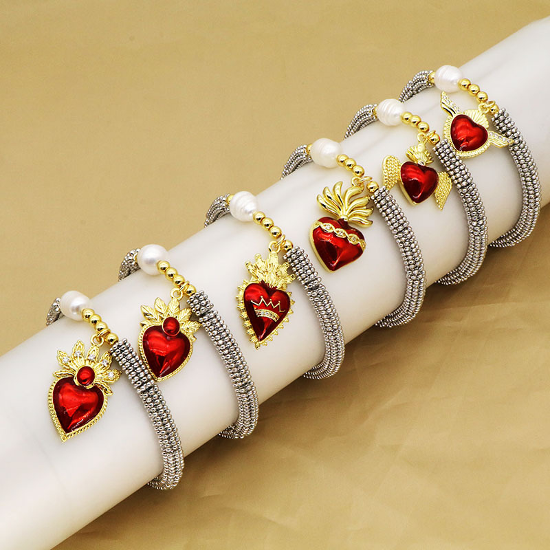 24g Weight Vintage Style Classic Style Heart Shape Crown Copper Chain-free Beaded Bracelets Wholesale