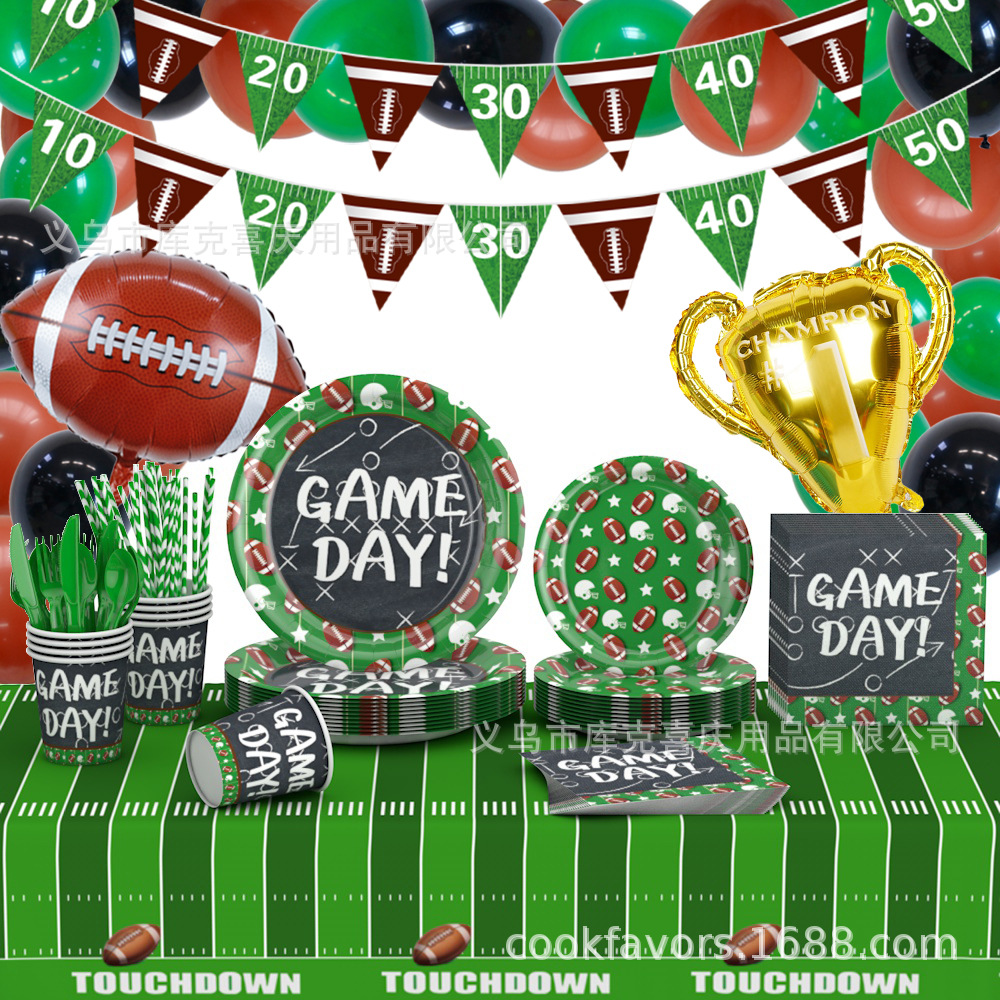 Amazon Super Bowl Party Decoration Rugby Plate de papel desechable tazas de papel bolos de bandera set globos