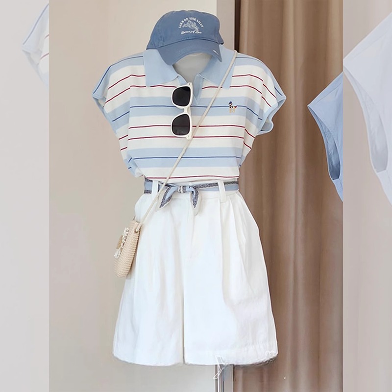 Polo Collar, Right Shoulder, Pinch Waist, Slim Short-Sleeved T-Shirt for Women, Summer Chic Stripesd Contrasting Color Small Flying Sleeve Knitted Top
